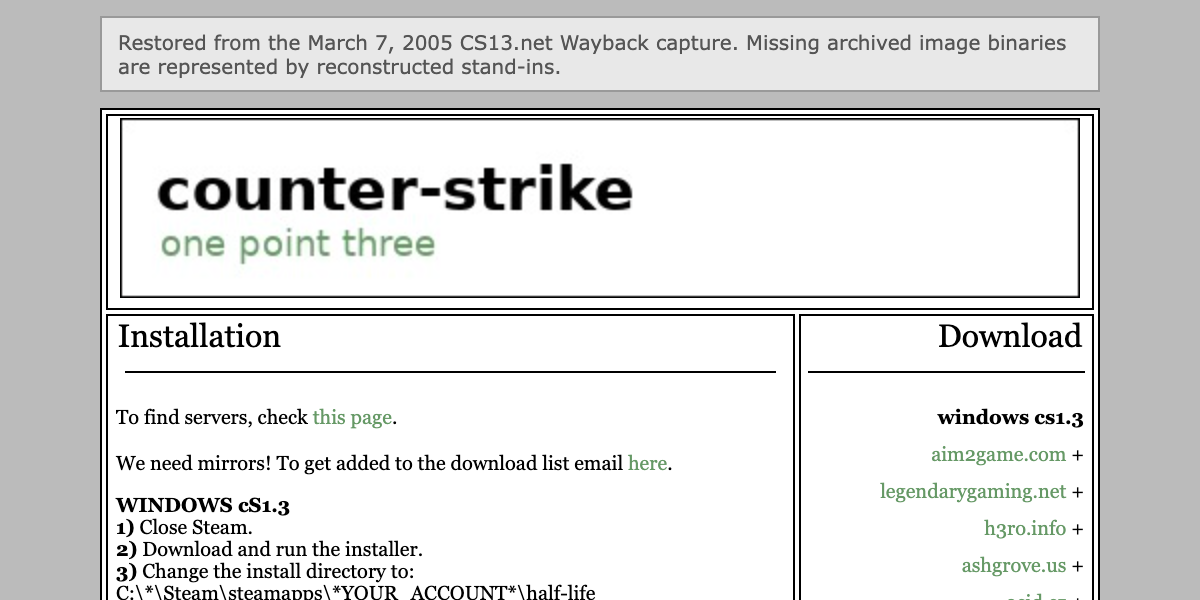 Restored March 2005 CS13 website showing Counter-Strike 1.3 installation instructions, download mirrors, and sponsors