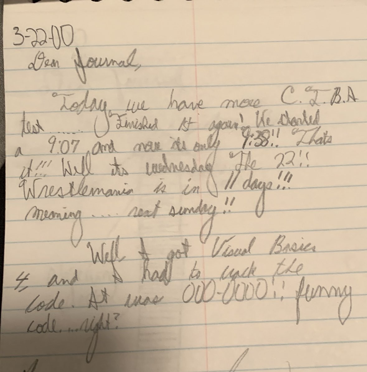 Robert's handwritten journal entry from March 22, 2000 about getting Visual Basic 4.0